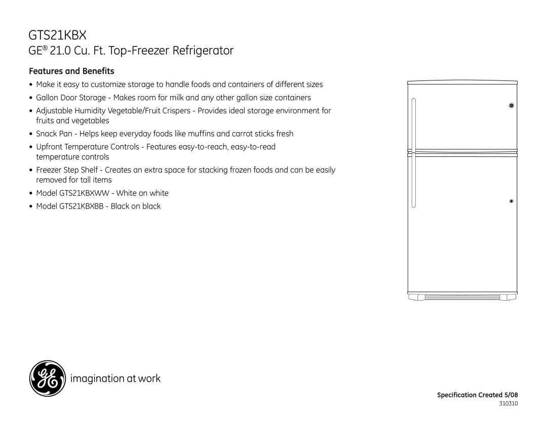 GE GTS21KBXWW dimensions Features and Benefits 