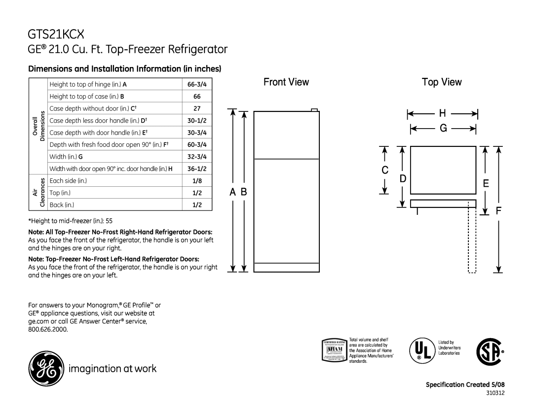 GE GTS21KCX dimensions GE 21.0 Cu. Ft. Top-FreezerRefrigerator, Dimensions and Installation Information in inches 