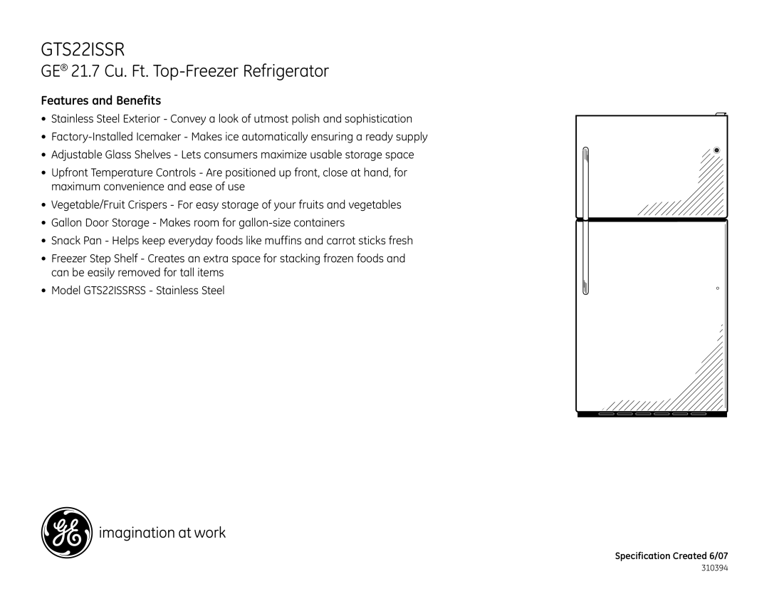 GE GTS22ISSR dimensions Features and Benefits 
