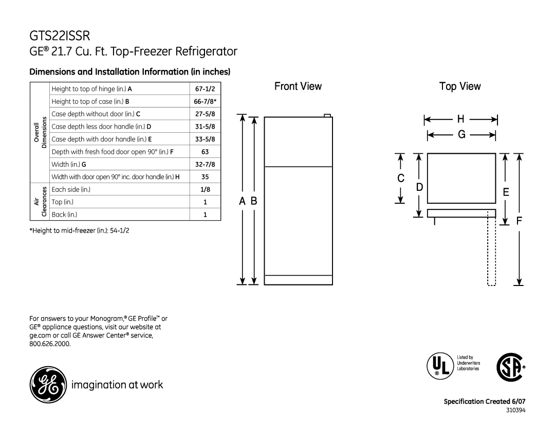 GE GTS22ISSR dimensions GE 21.7 Cu. Ft. Top-FreezerRefrigerator, Dimensions and Installation Information in inches 