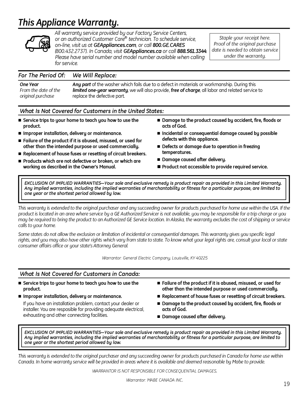 GE GUAP270 This Appliance Warranty, For The Period We Will Replace, What Is Not Covered for Customers in the United States 