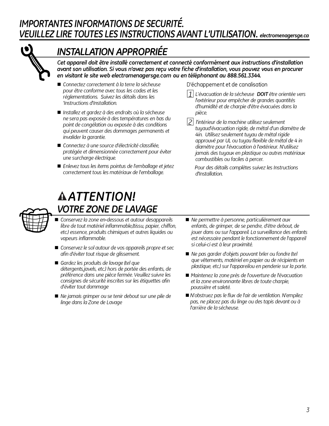 GE GTUP270, GTUP240, GUAP240, GTUN275 Importantes Informations DE Securité, Installation Appropriée, Votre Zone DE Lavage 