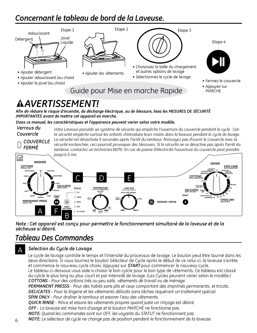 GE GUAP240, GTUP240 Concernant le tableau de bord de la Laveuse, Tableau Des Commandes, Selection du Cycle de Lavage 