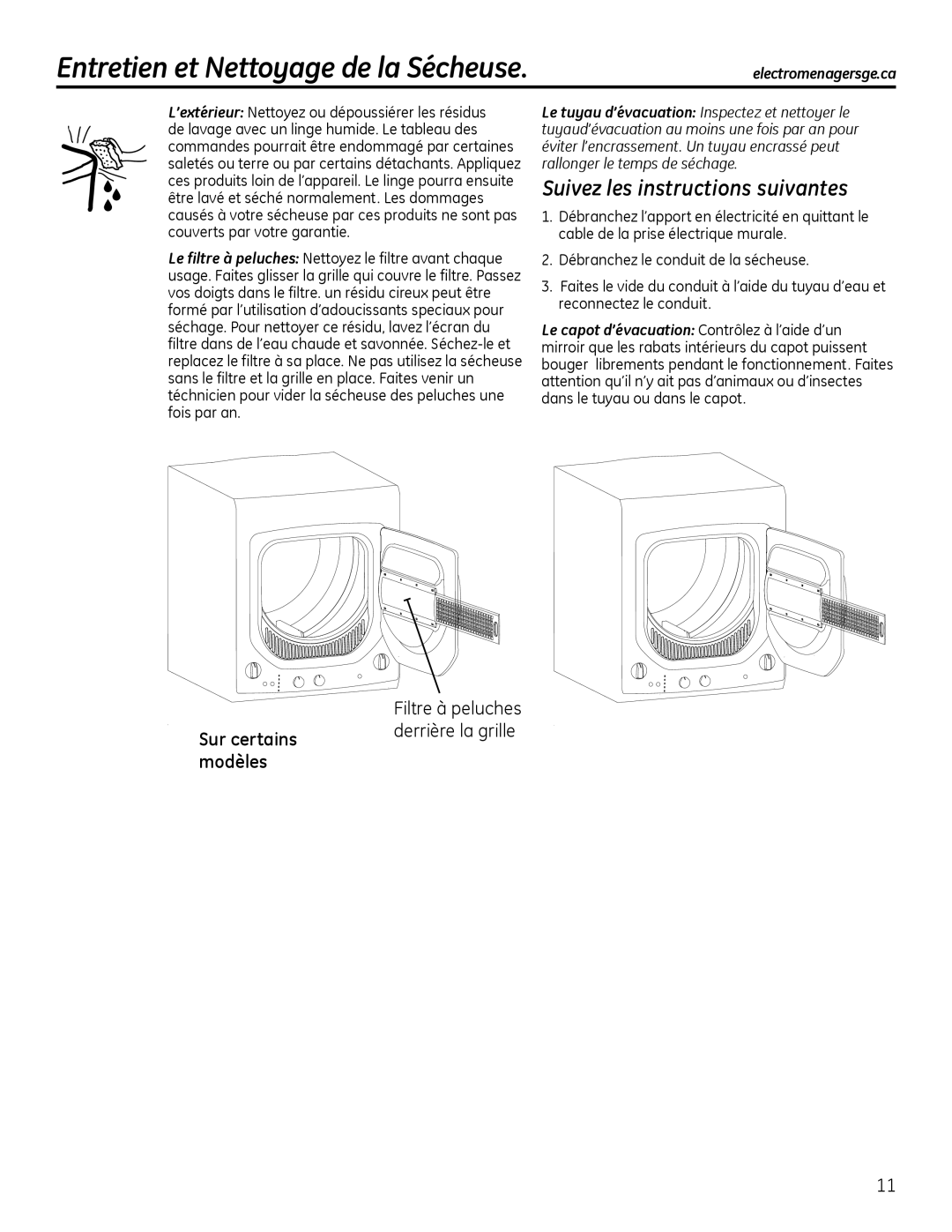 GE GUAP240, GTUP240, GTUN275, GTUP270, GUAP270 Entretien et Nettoyage de la Sécheuse, Suivez les instructions suivantes 