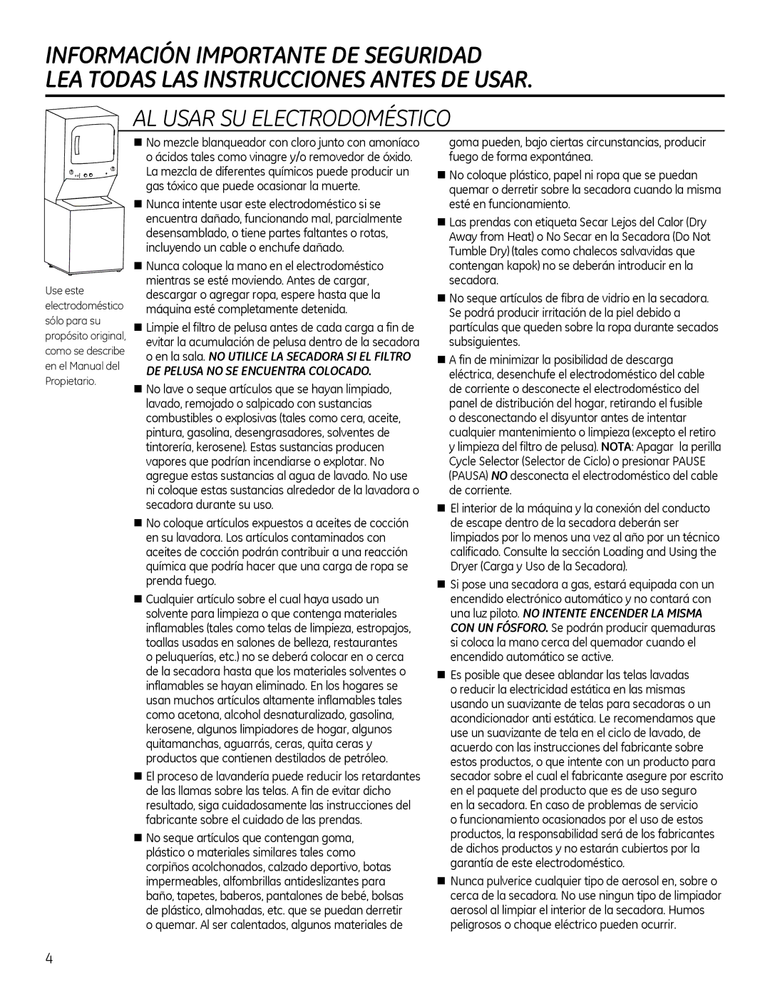 GE GUAP270, GTUP240, GUAP240, GTUN275, GTUP270 owner manual AL Usar SU Electrodoméstico, DE Pelusa no SE Encuentra Colocado 