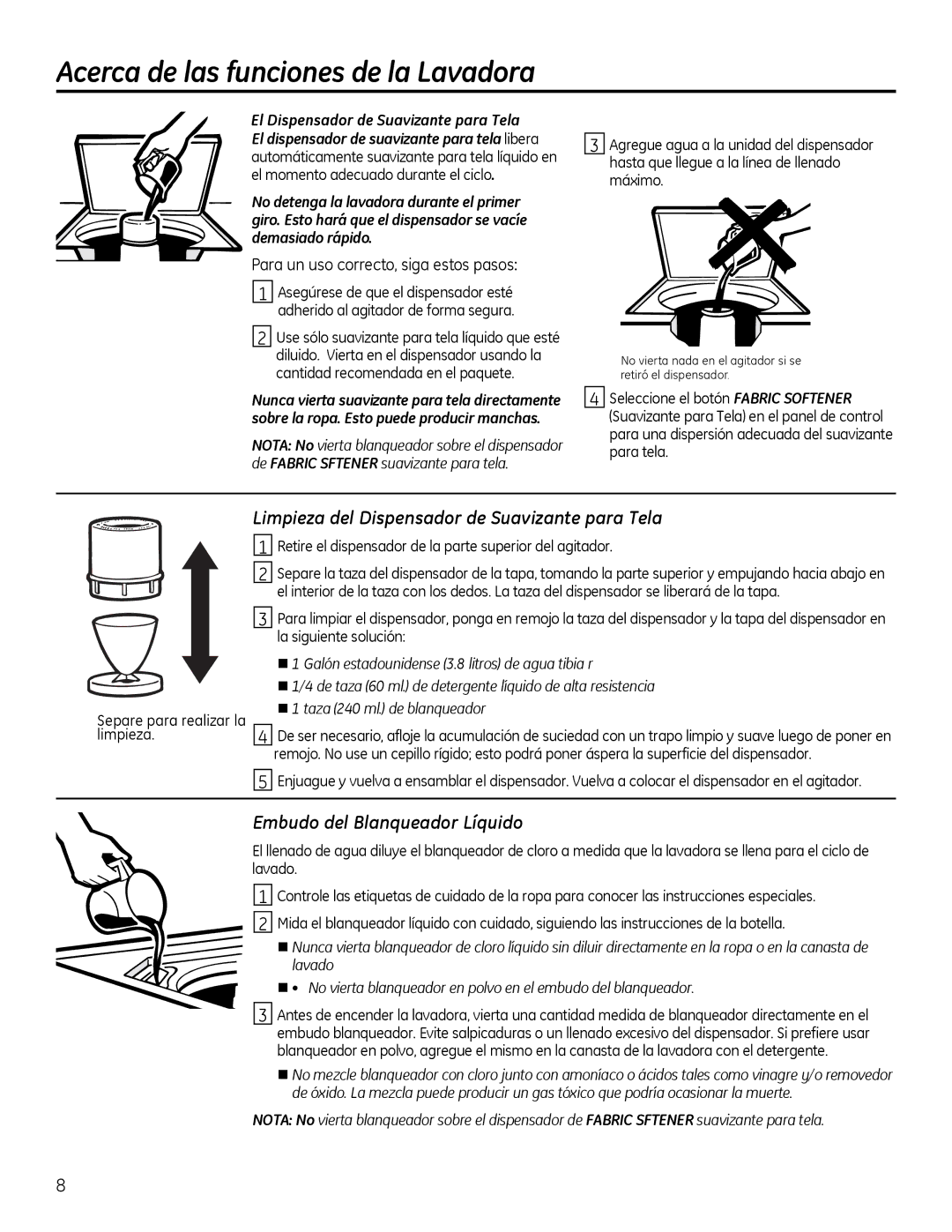 GE GTUP270, GTUP240, GUAP240 Acerca de las funciones de la Lavadora, Limpieza del Dispensador de Suavizante para Tela 