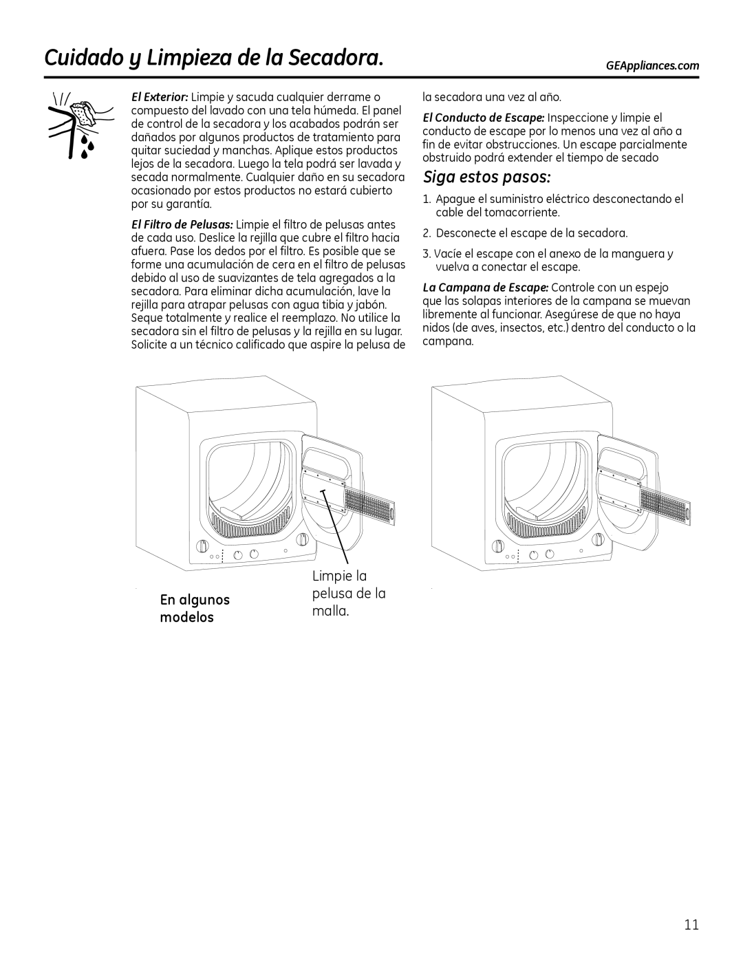 GE GUAP240, GTUP240, GTUN275, GTUP270, GUAP270 owner manual Cuidado y Limpieza de la Secadora, La secadora una vez al año 
