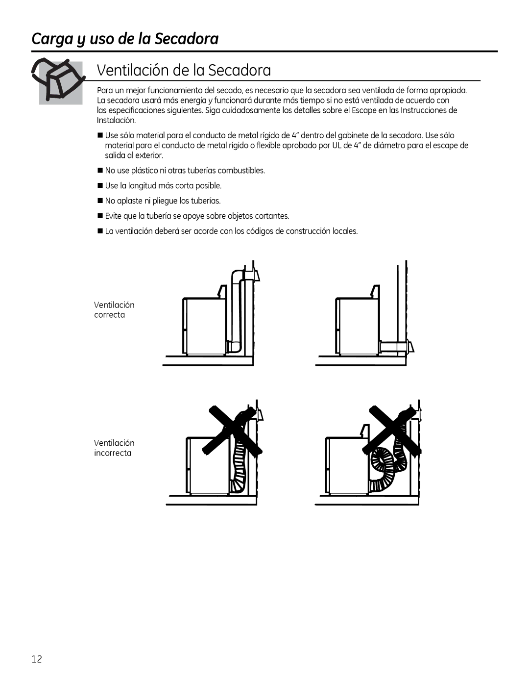 GE GTUN275, GTUP240, GUAP240, GTUP270, GUAP270 owner manual Carga y uso de la Secadora, Ventilación de la Secadora 