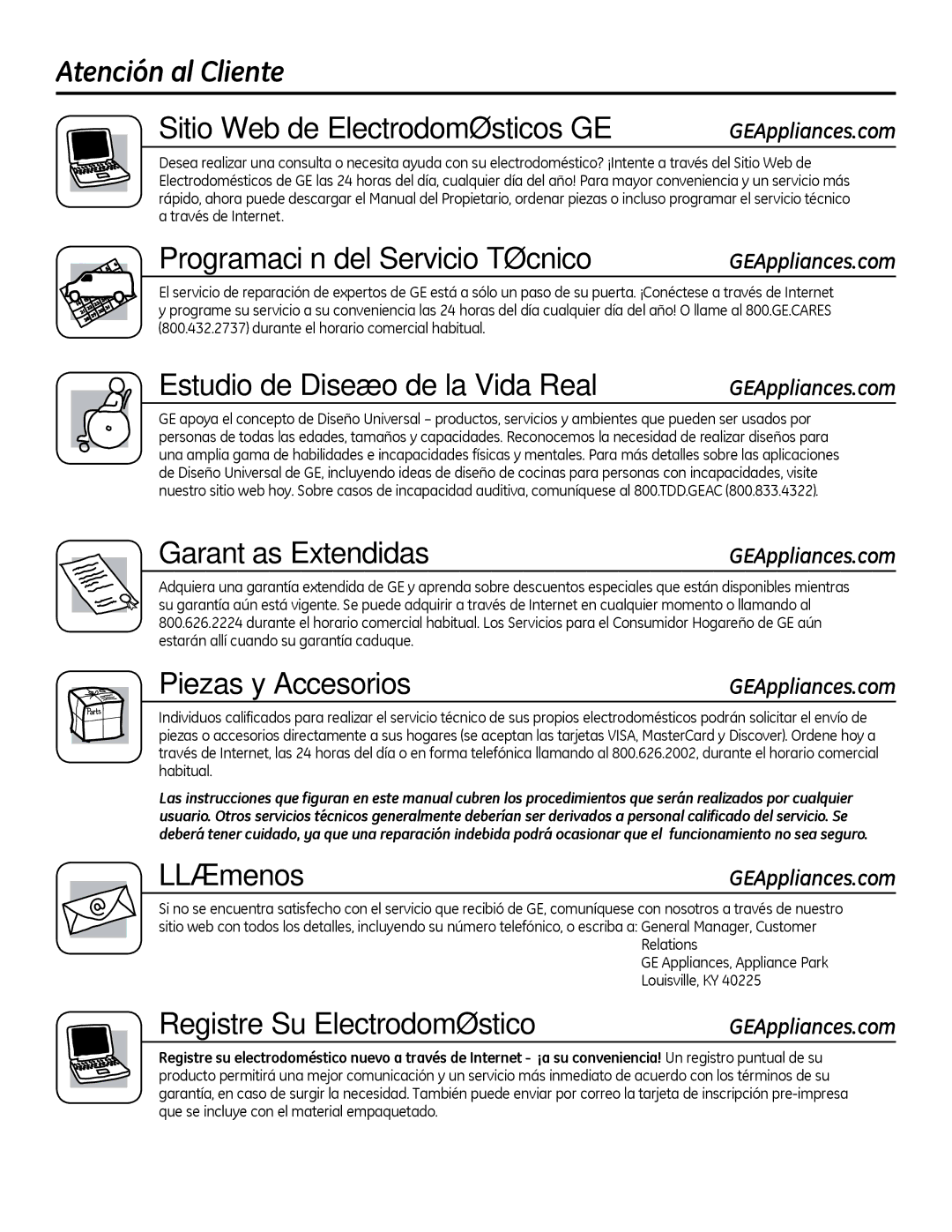 GE GTUP240 Atención al Cliente Sitio Web de Electrodomésticos GE, Programación del Servicio Técnico, Garantías Extendidas 