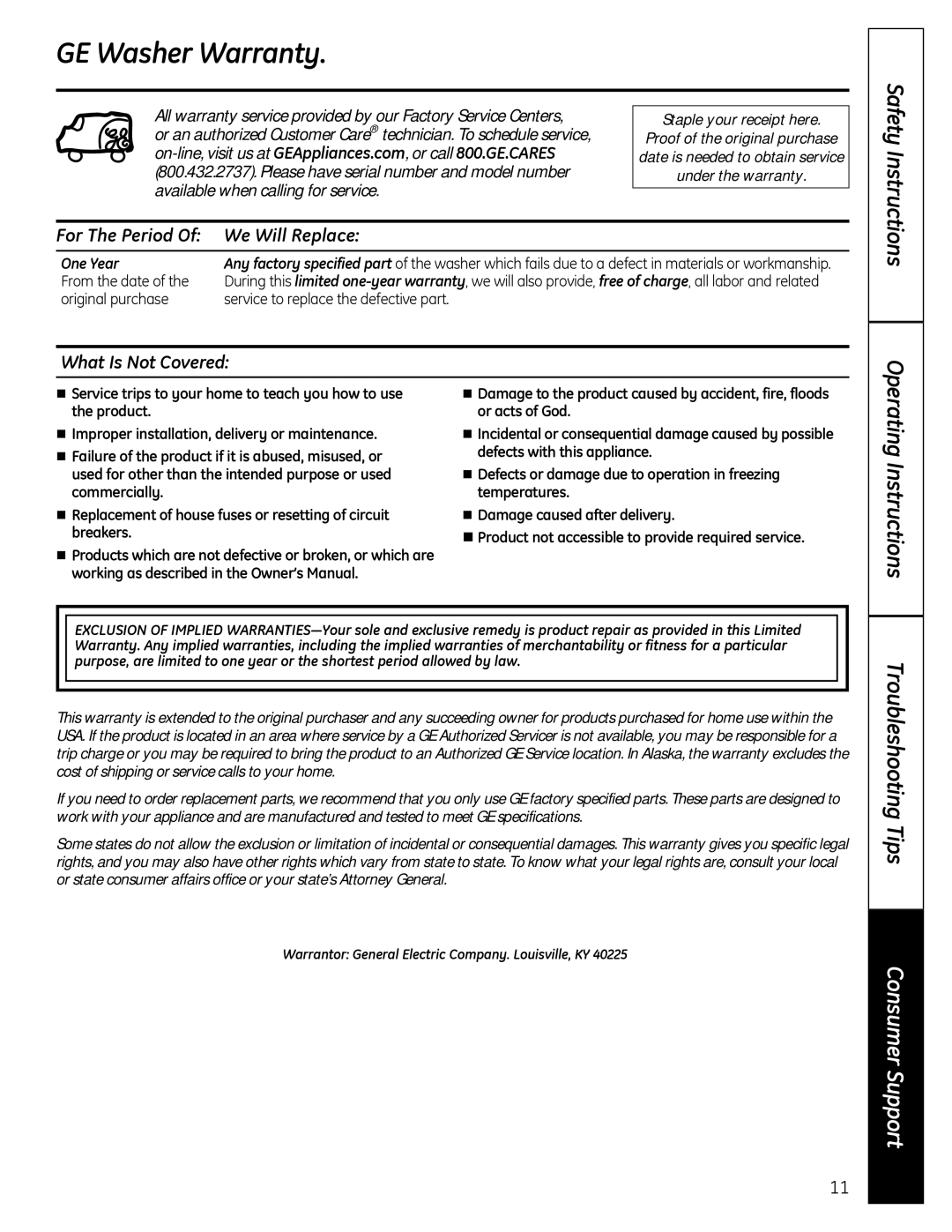 GE GTWN2800DWW owner manual GE Washer Warranty, For The Period We Will Replace, What Is Not Covered 