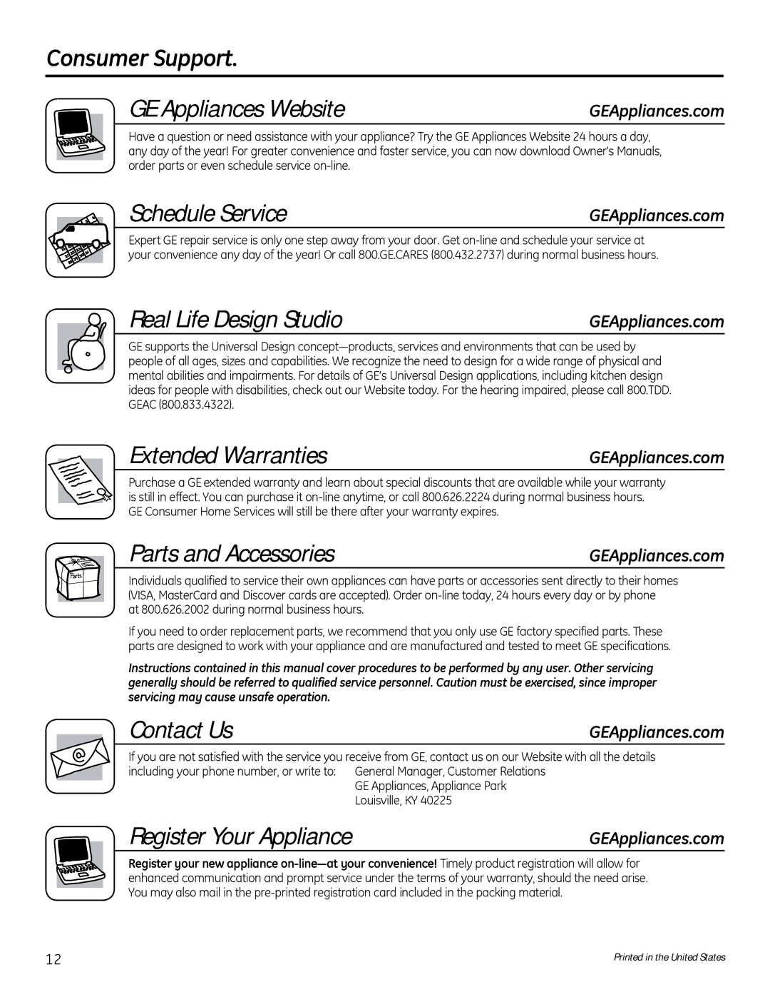 GE GTWN2800DWW Consumer Support GE Appliances Website, Schedule Service, Real Life Design Studio, Extended Warranties 