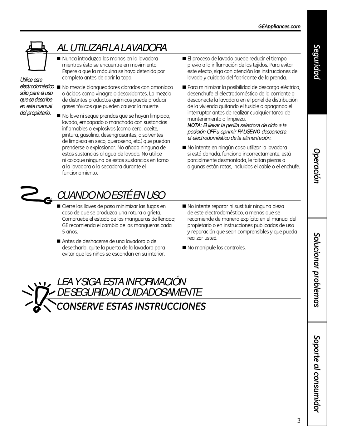 GE GTWN2800DWW owner manual AL Utilizar LA Lavadora, LEA Y Siga Esta Información DE Seguridad Cuidadosamente 