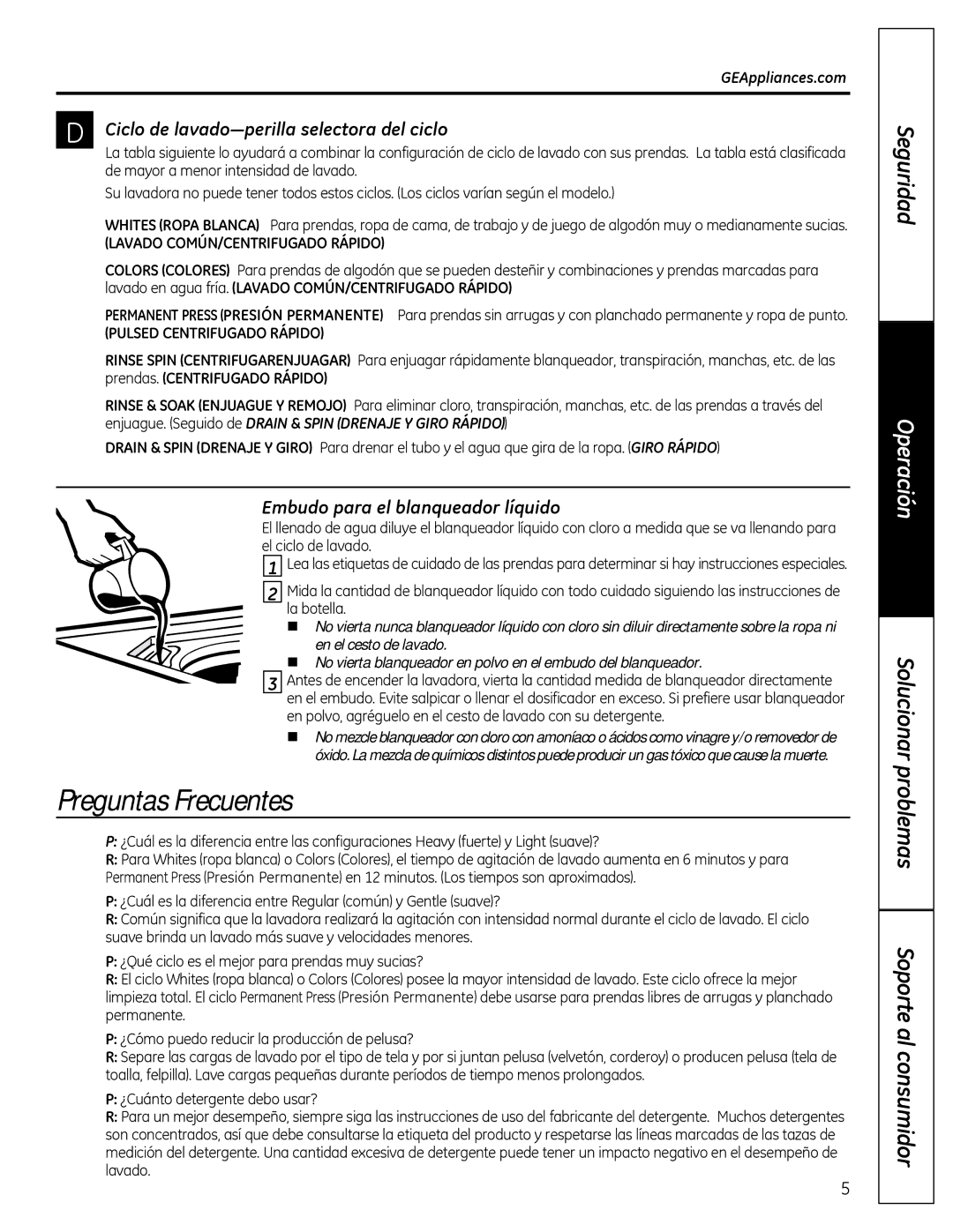 GE GTWN2800DWW Ciclo de lavado³perilla selectora del ciclo, Embudo para el blanqueador líquido, 38/6&175,8*$25È3,2 