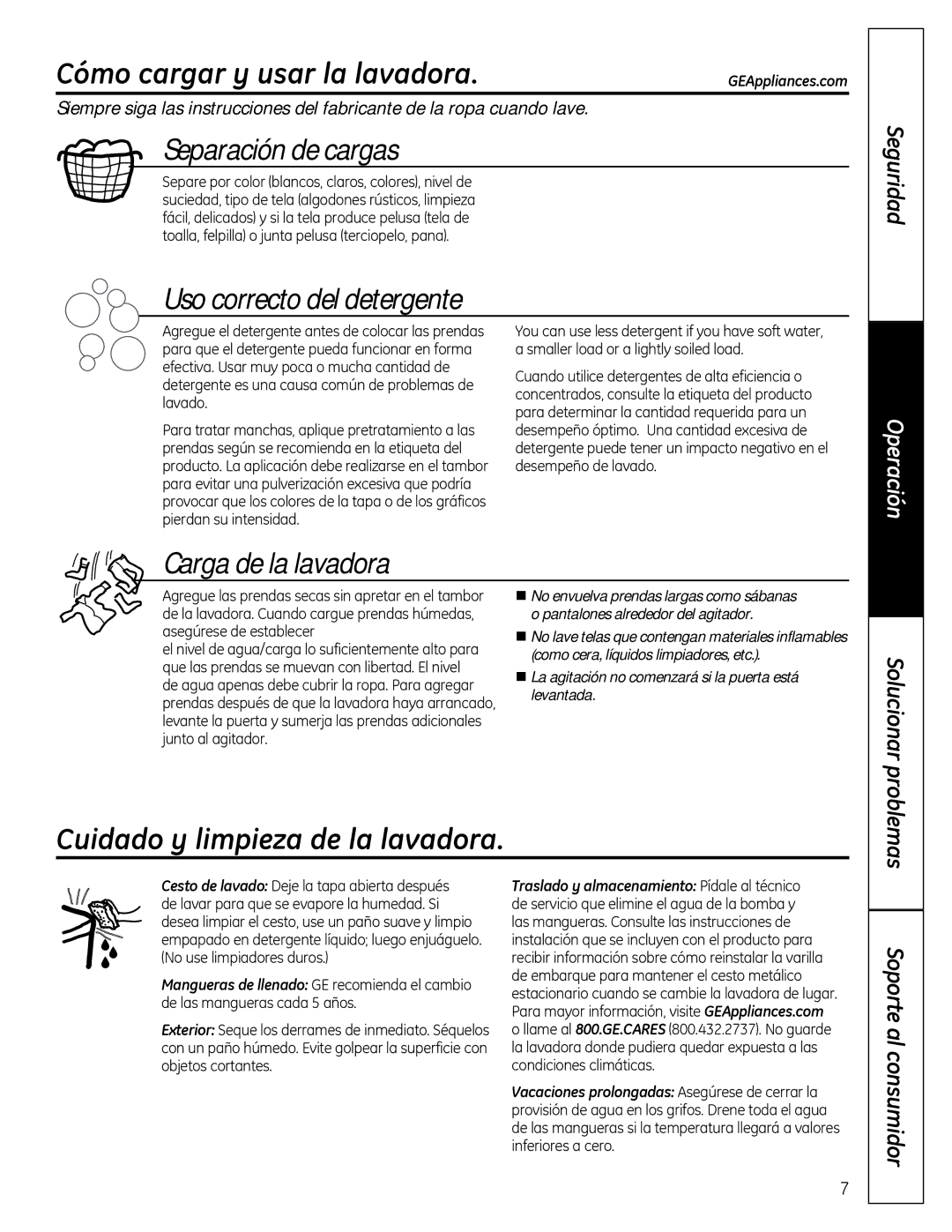 GE GTWN2800DWW owner manual Cómo cargar y usar la lavadora, Cuidado y limpieza de la lavadora, Solucionar problemas 