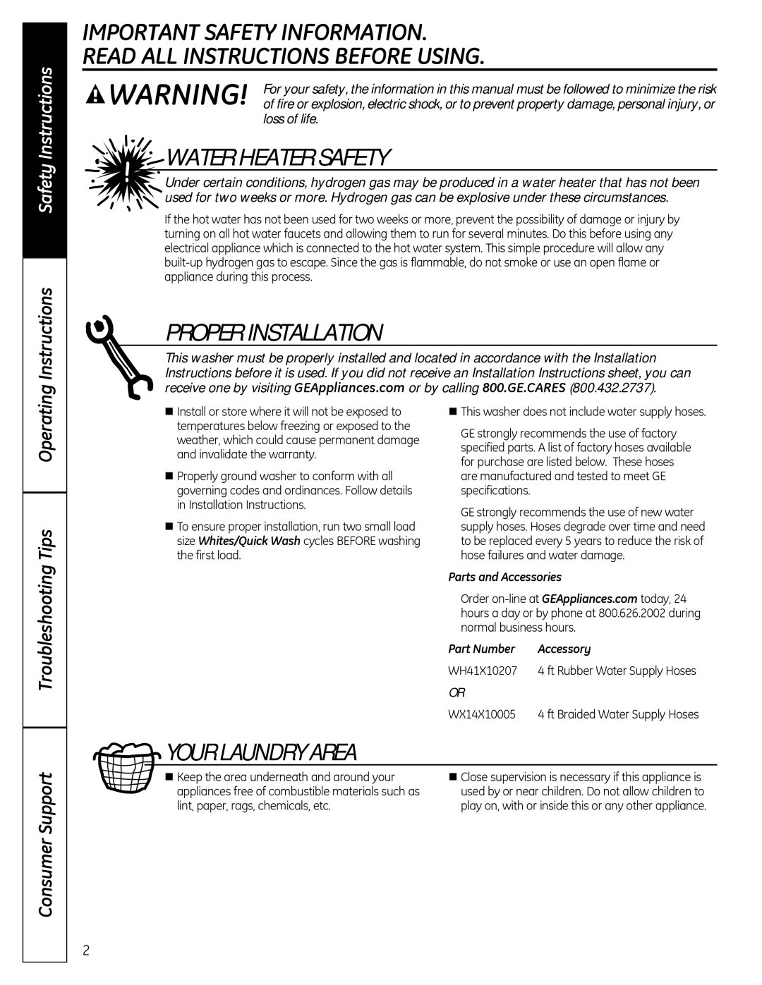 GE GTWN2800DWW owner manual Water Heater Safety, Proper Installation, Your Laundry Area, Operating 