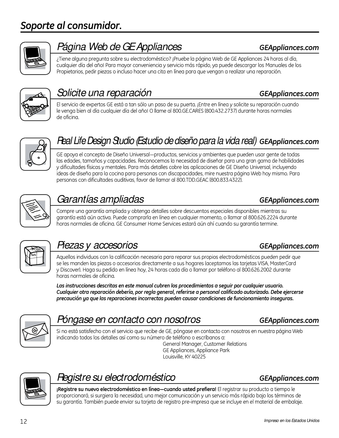 GE GTWN2800DWW owner manual Soporte al consumidor Página Web de GE Appliances, Solicite una reparación, Garantías ampliadas 