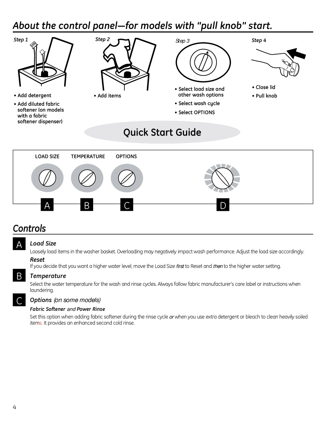 GE GTWN2800DWW About the control panel³for models with ´pull knobµ start, Controls, Load Size, Reset, Temperature 