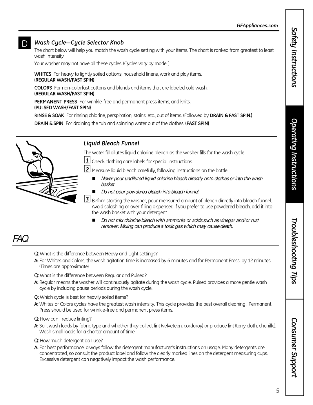 GE GTWN2800DWW Faq, Wash Cycle³Cycle Selector .nob, Liquid Bleach Funnel, 5*8/$5$6+$6763,1, 38/6$6+$6763,1 