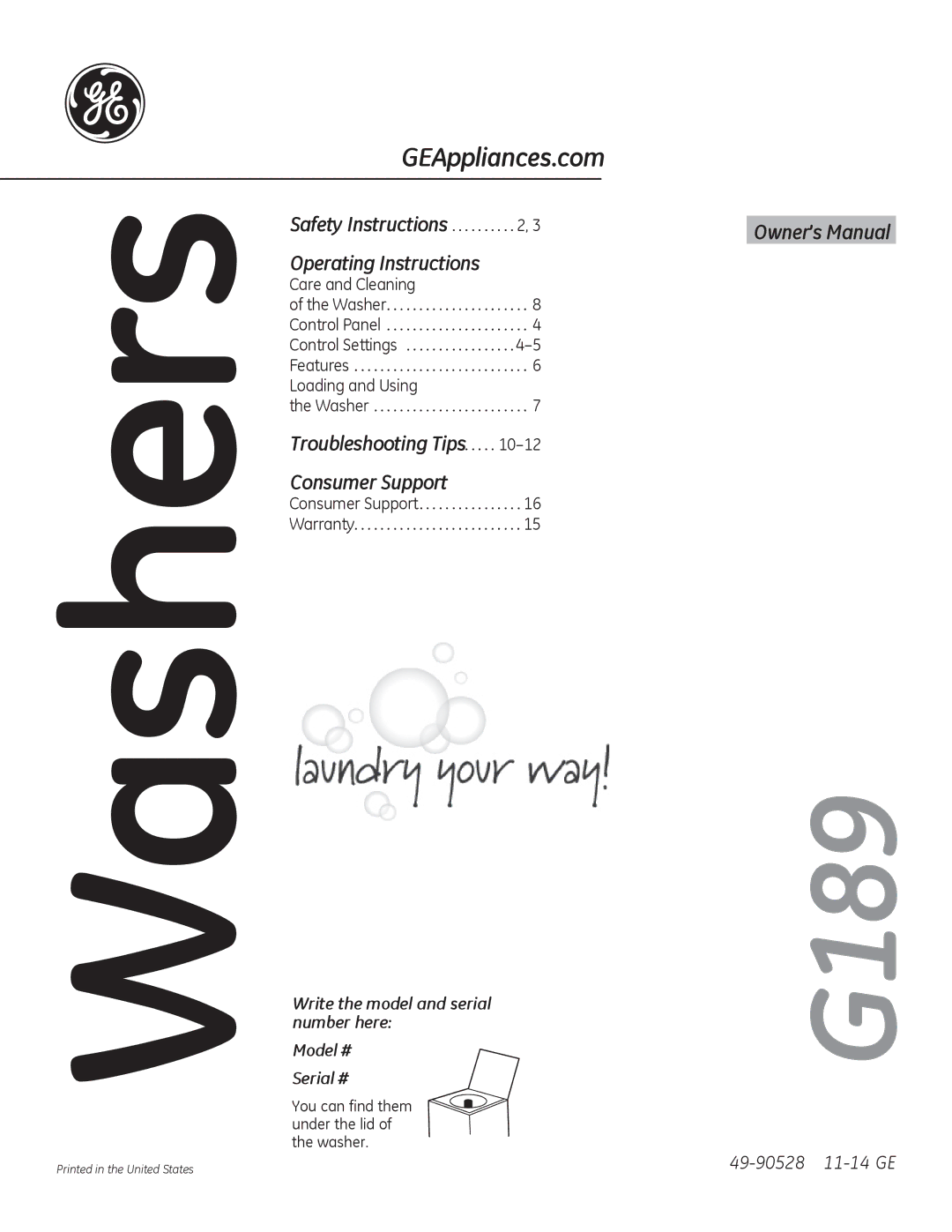 GE GTWN4250DWS owner manual Washers, You can find them under the lid of the washer 