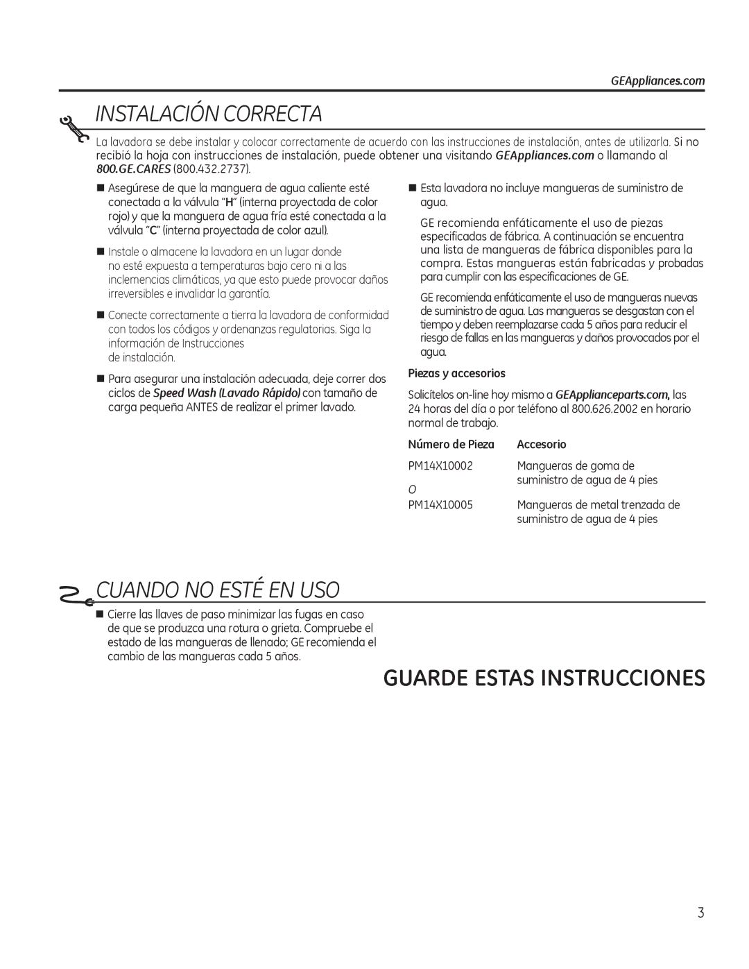 GE GTWN4250DWS „ Esta lavadora no incluye mangueras de suministro de agua, Piezas y accesorios, Número de Pieza Accesorio 