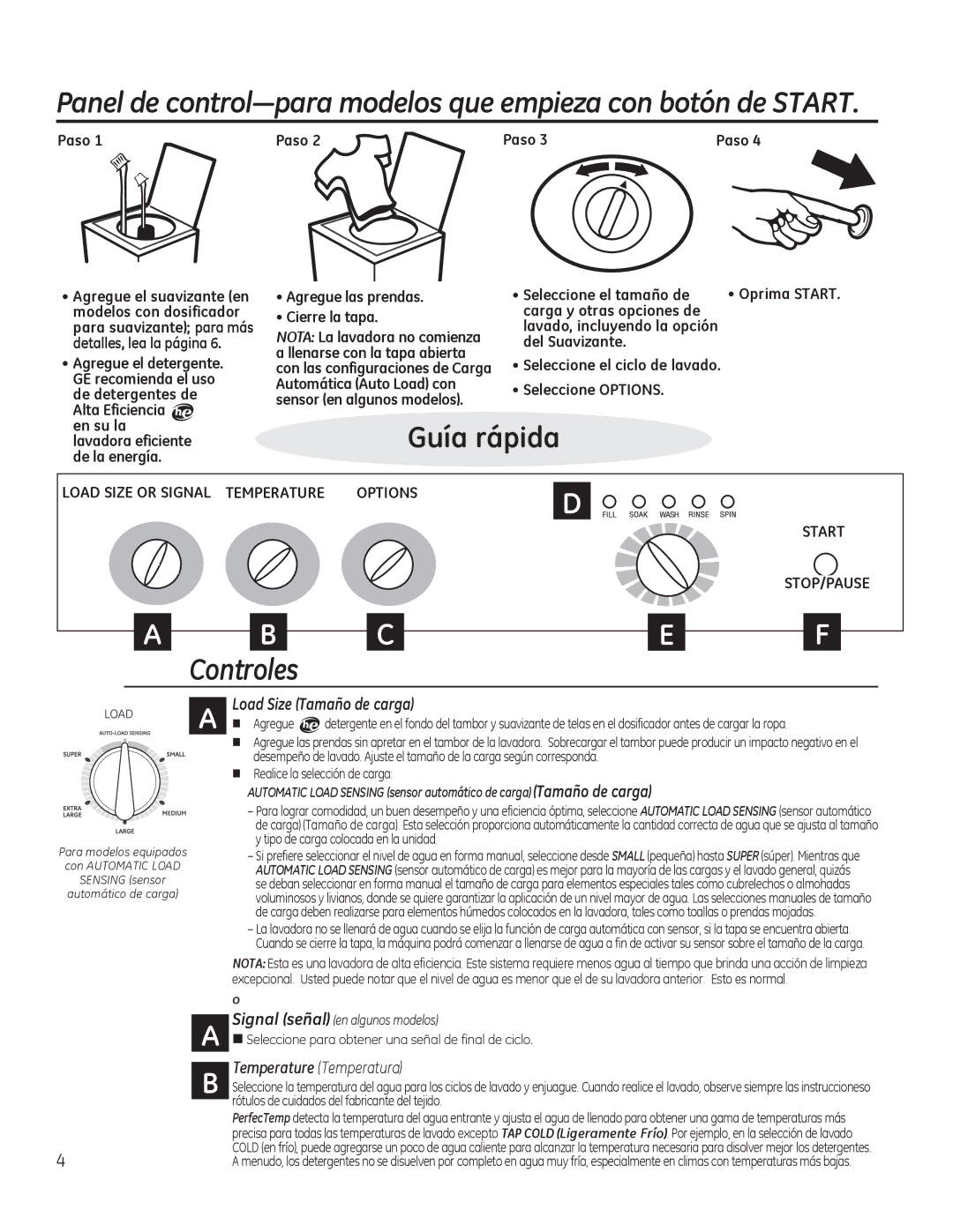 GE GTWN4250DWS owner manual Controles, Temperature Temperatura 