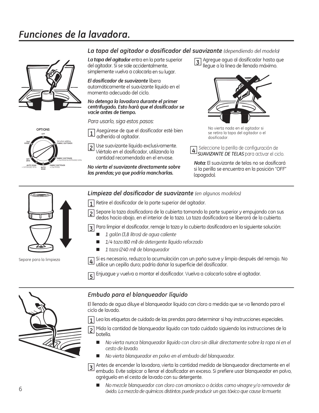 GE GTWN4250DWS owner manual Funciones de la lavadora, LPSLHDGHOGRVLILFDGRUGHVXDYLDQWH en algunos modelos 