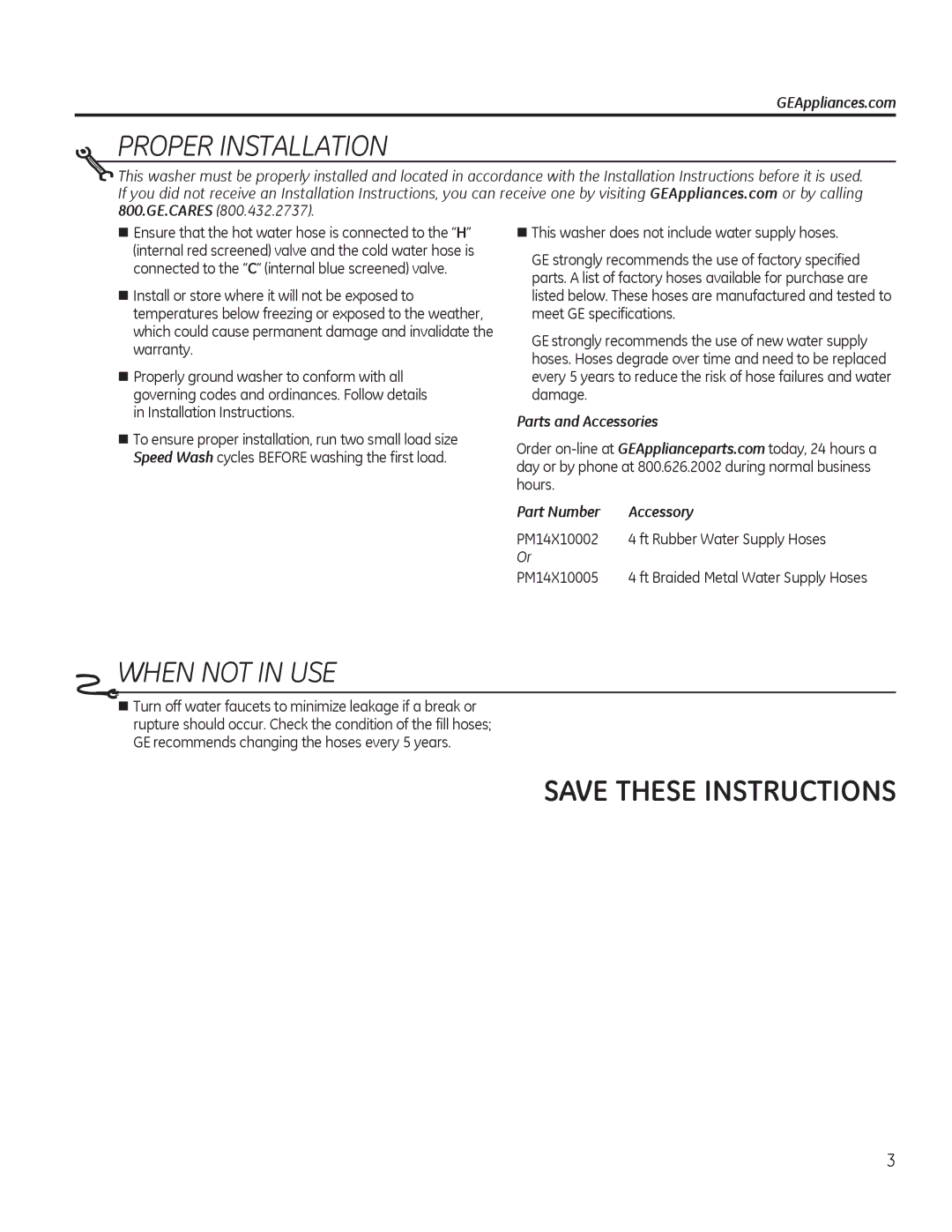 GE GTWN4250DWS owner manual GEAppliances.com, Parts and Accessories Part Number Accessory 