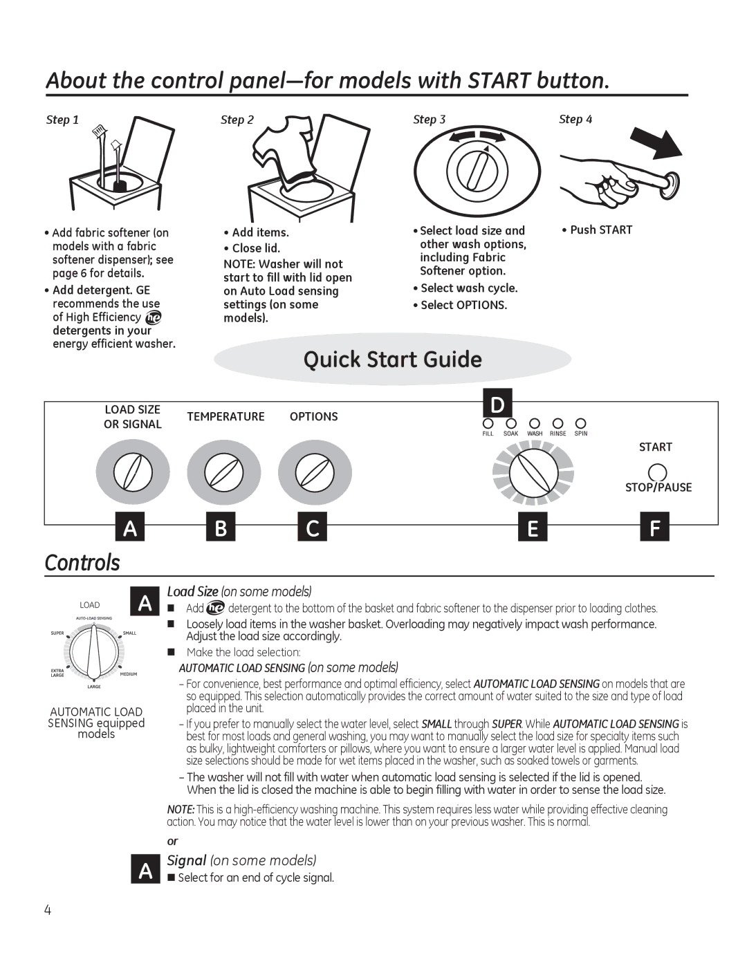 GE GTWN4250DWS owner manual Controls, Step, Automatic Load Sensing on some models 