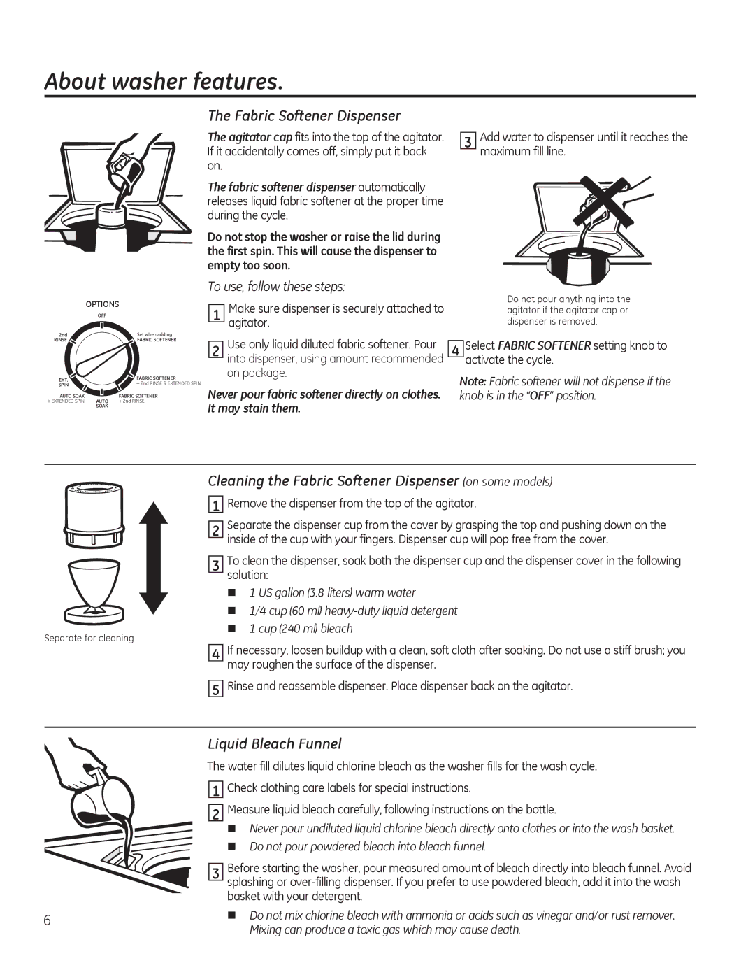 GE GTWN4250DWS About washer features, Cleaning the Fabric Softener Dispenser on some models, Liquid Bleach Funnel 