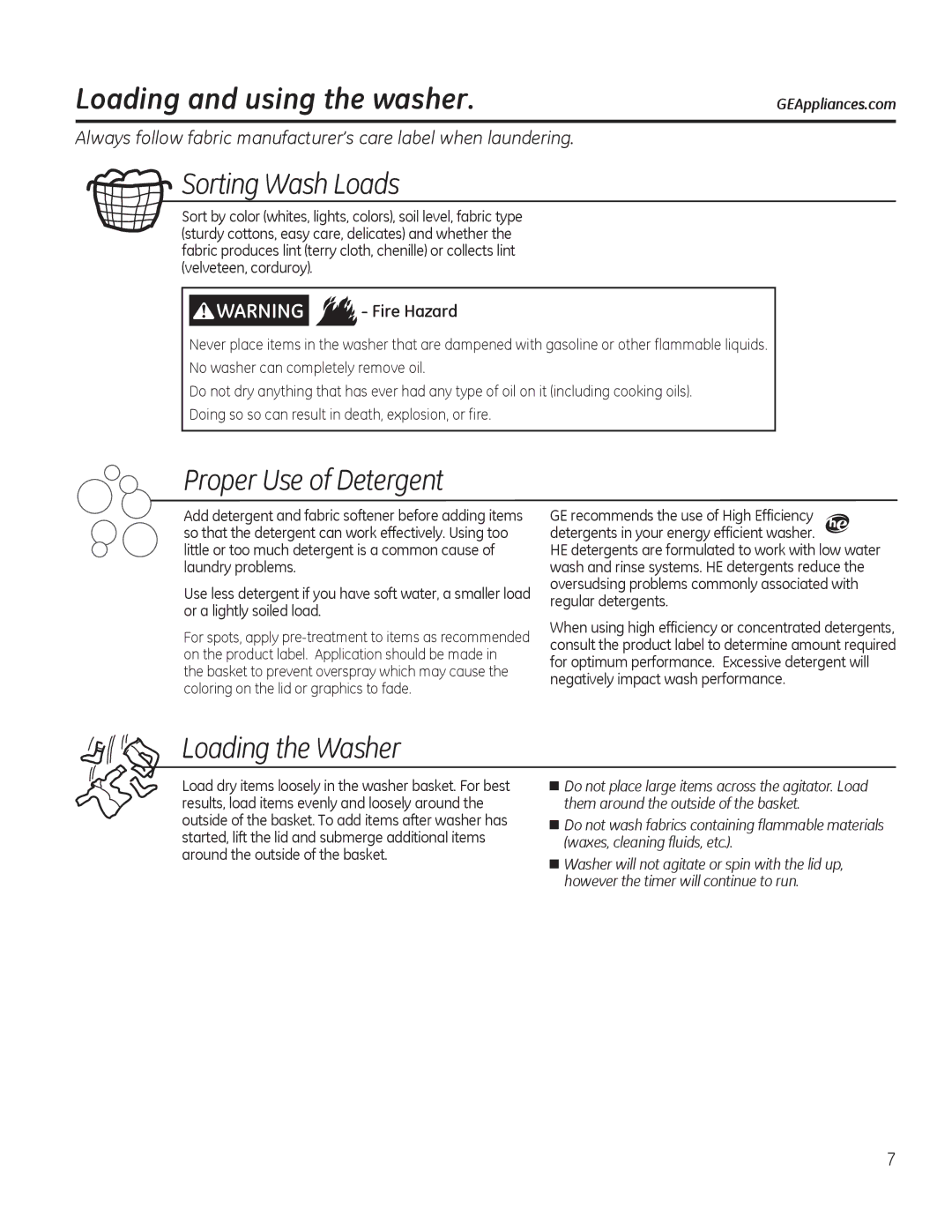 GE GTWN4250DWS owner manual Loading and using the washer, Sorting Wash Loads 