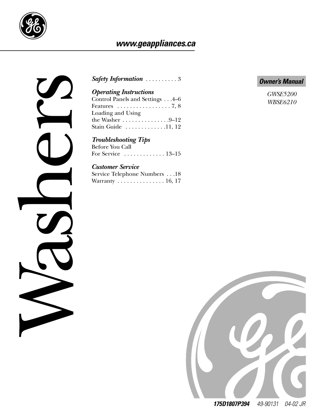 GE GWSE5200 operating instructions Washers 