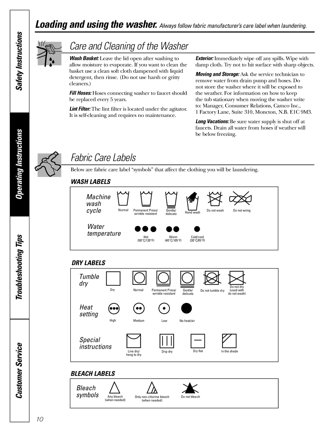 GE GWSE5200 operating instructions Care and Cleaning of the Washer, Fabric Care Labels 