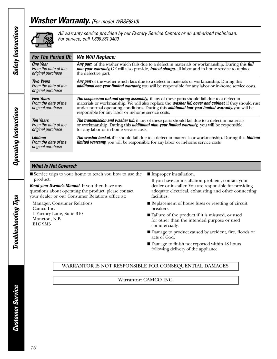 GE GWSE5200 operating instructions For The Period Of We Will Replace, What Is Not Covered 