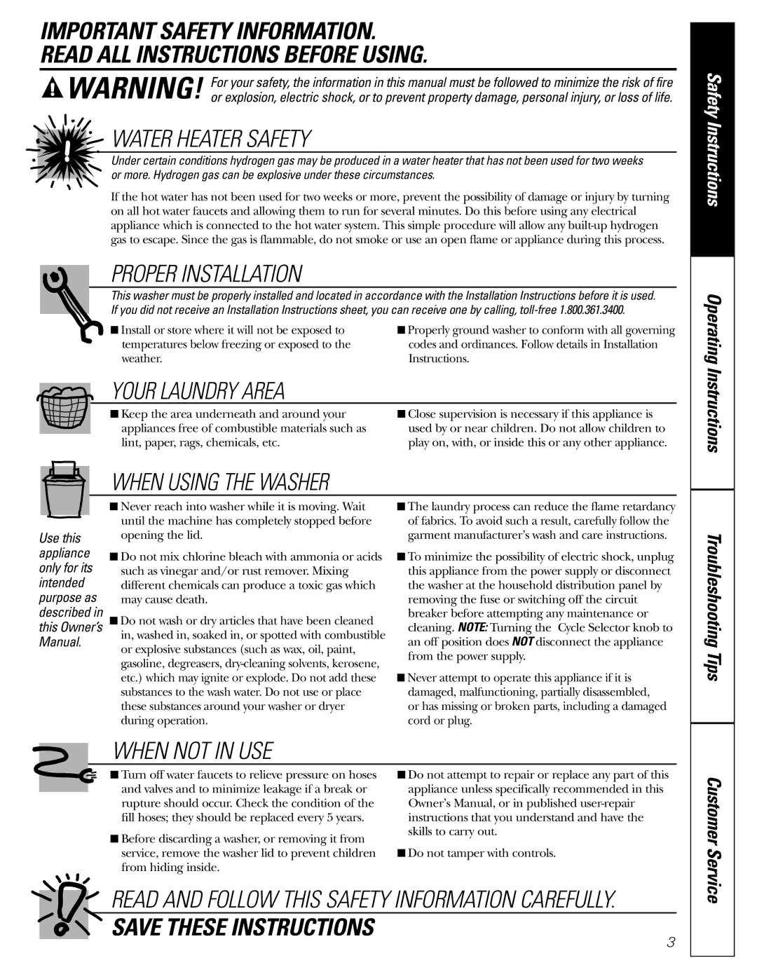 GE GWSE5200 operating instructions Water Heater Safety 