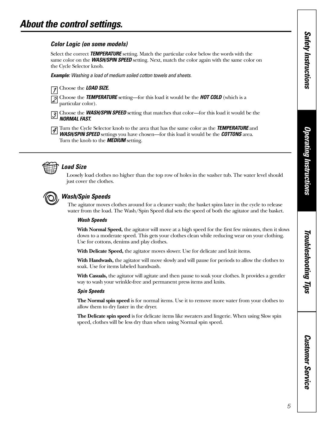 GE GWSE5200 About the control settings, Color Logic on some models, Load Size, Wash/Spin Speeds, Normal Fast 