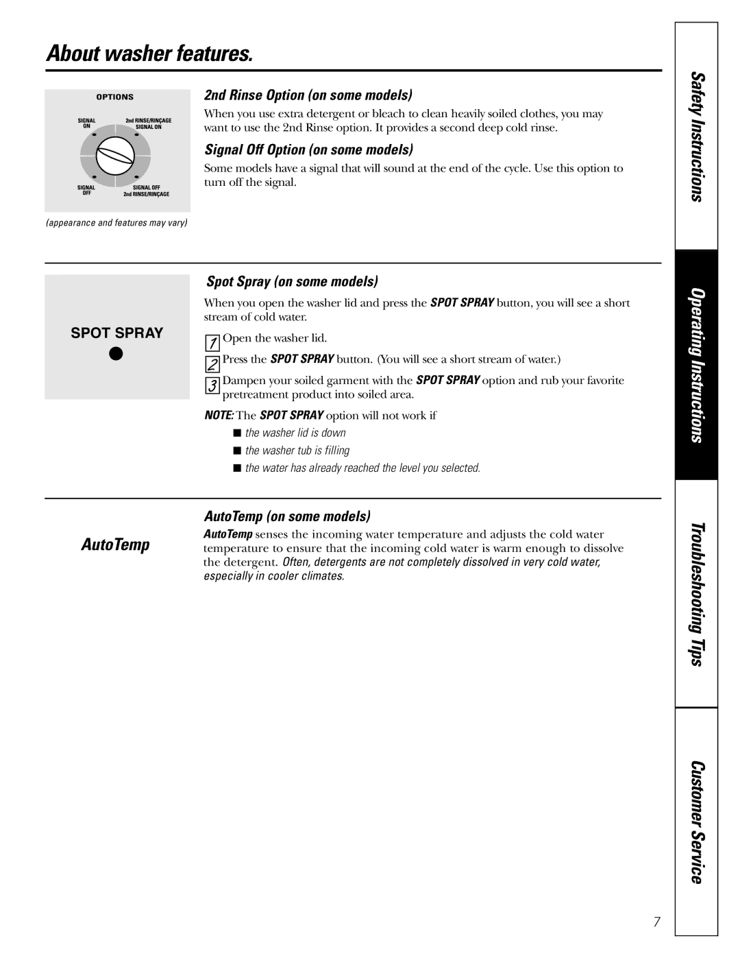 GE GWSE5200 operating instructions About washer features, 2nd Rinse Option on some models, Signal Off Option on some models 