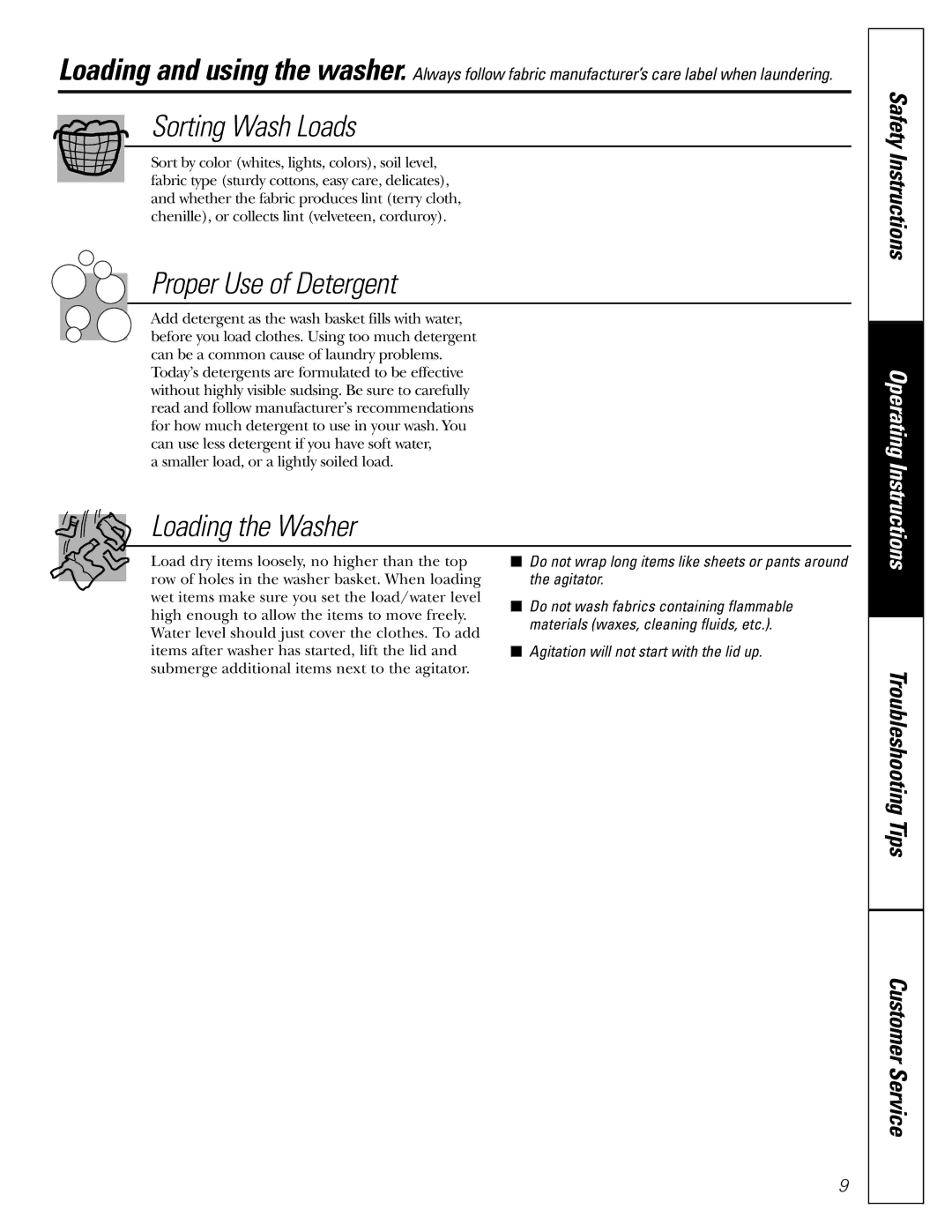 GE GWSE5200 operating instructions Sorting Wash Loads, Proper Use of Detergent, Loading the Washer 