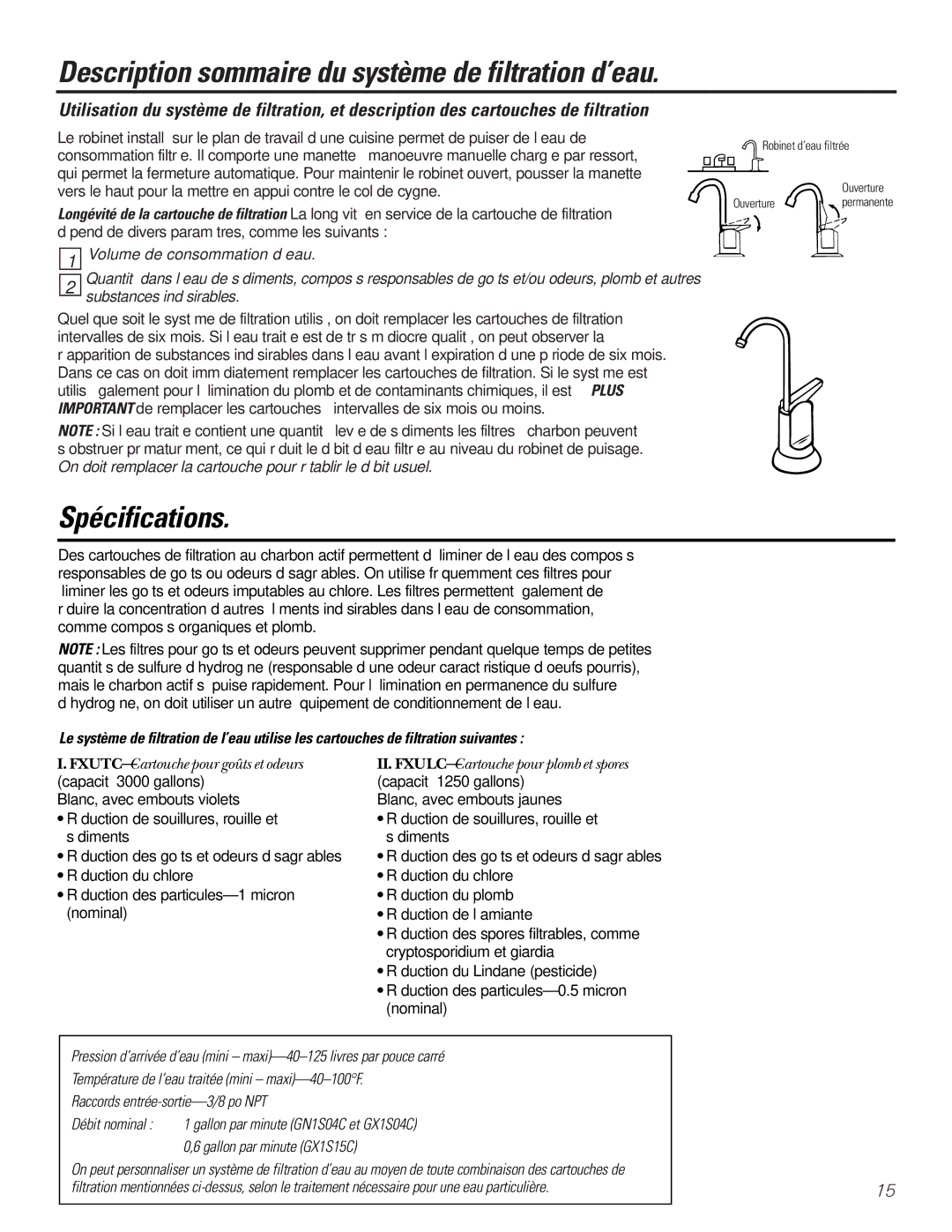 GE GX1S04C, GX1S15C Description sommaire du système de filtration d’eau, Spécifications, Volume de consommation d’eau 