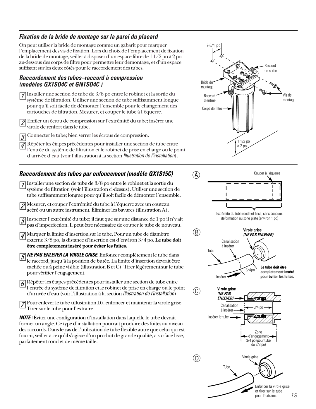 GE Fixation de la bride de montage sur la paroi du placard, Raccordement des tubes par enfoncement modèle GX1S15C 