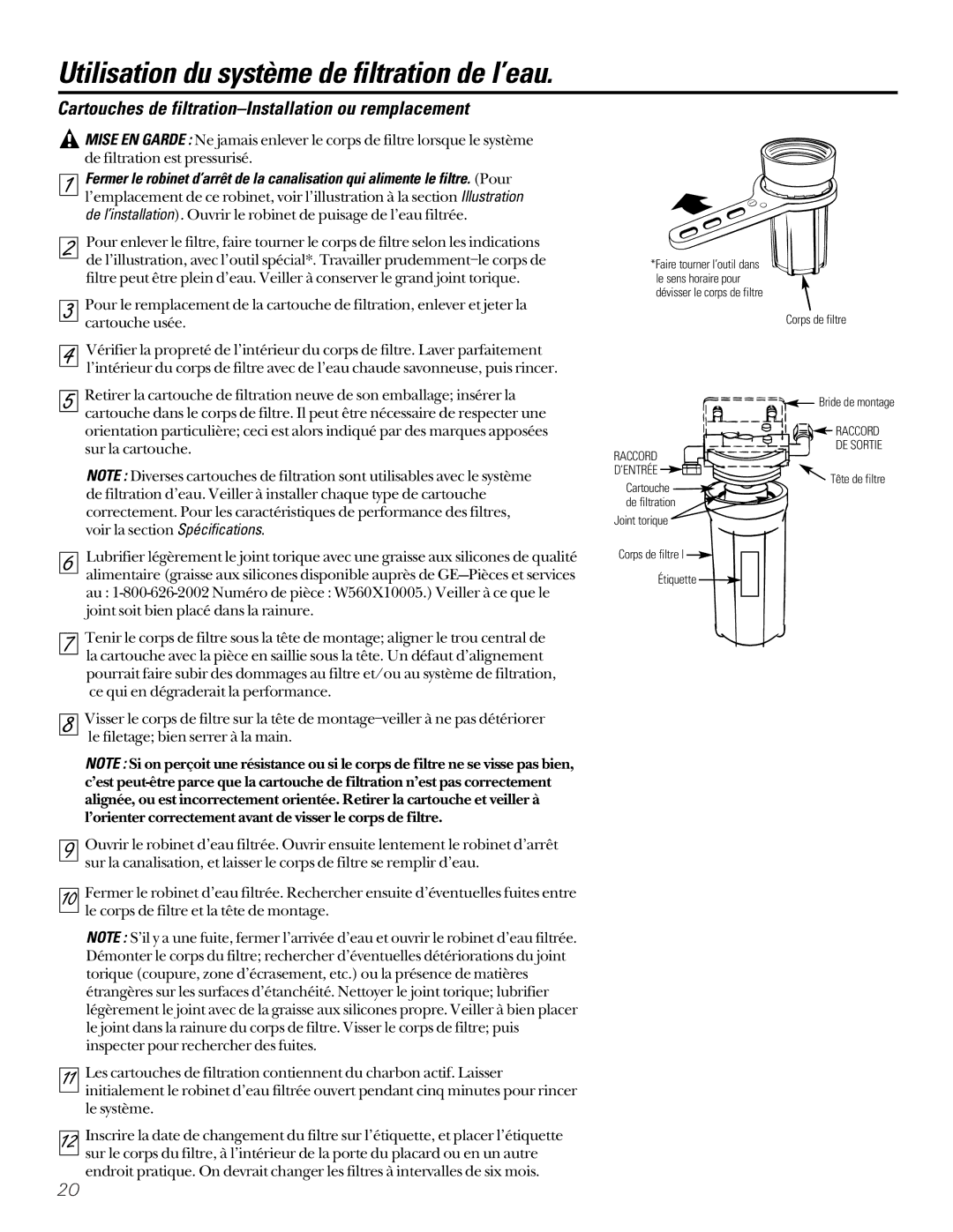 GE GN1S04C, GX1S04C Utilisation du système de filtration de l’eau, Cartouches de filtration-Installation ou remplacement 