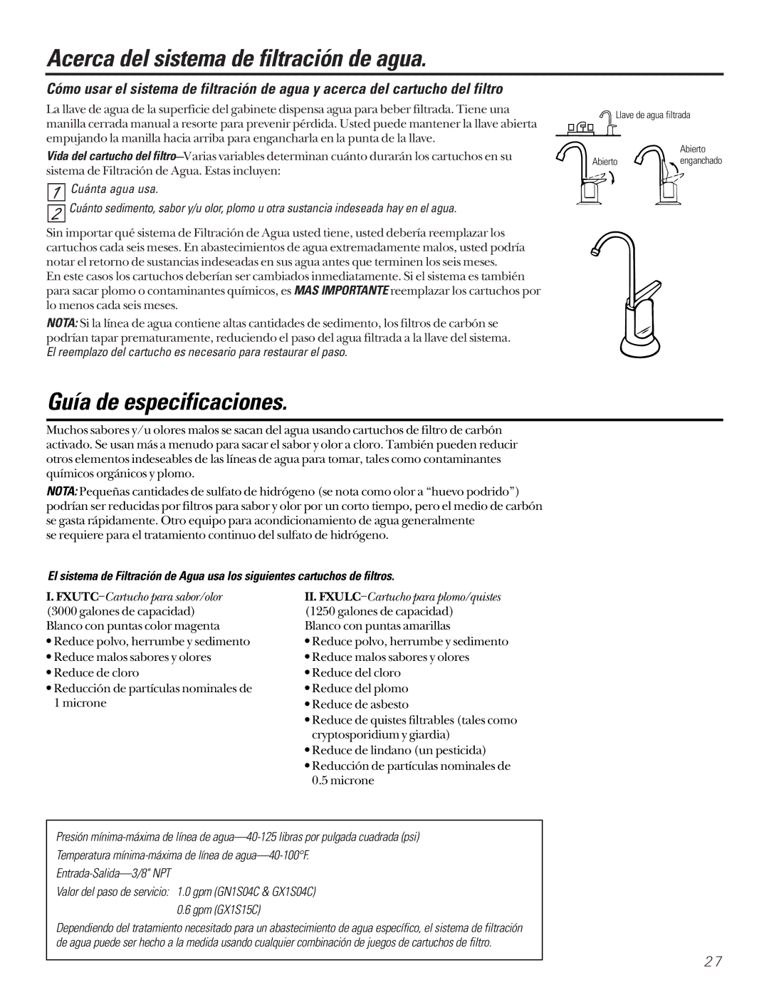 GE GX1S04C, GX1S15C, GN1S04C installation instructions Acerca del sistema de filtración de agua, Guía de especificaciones 