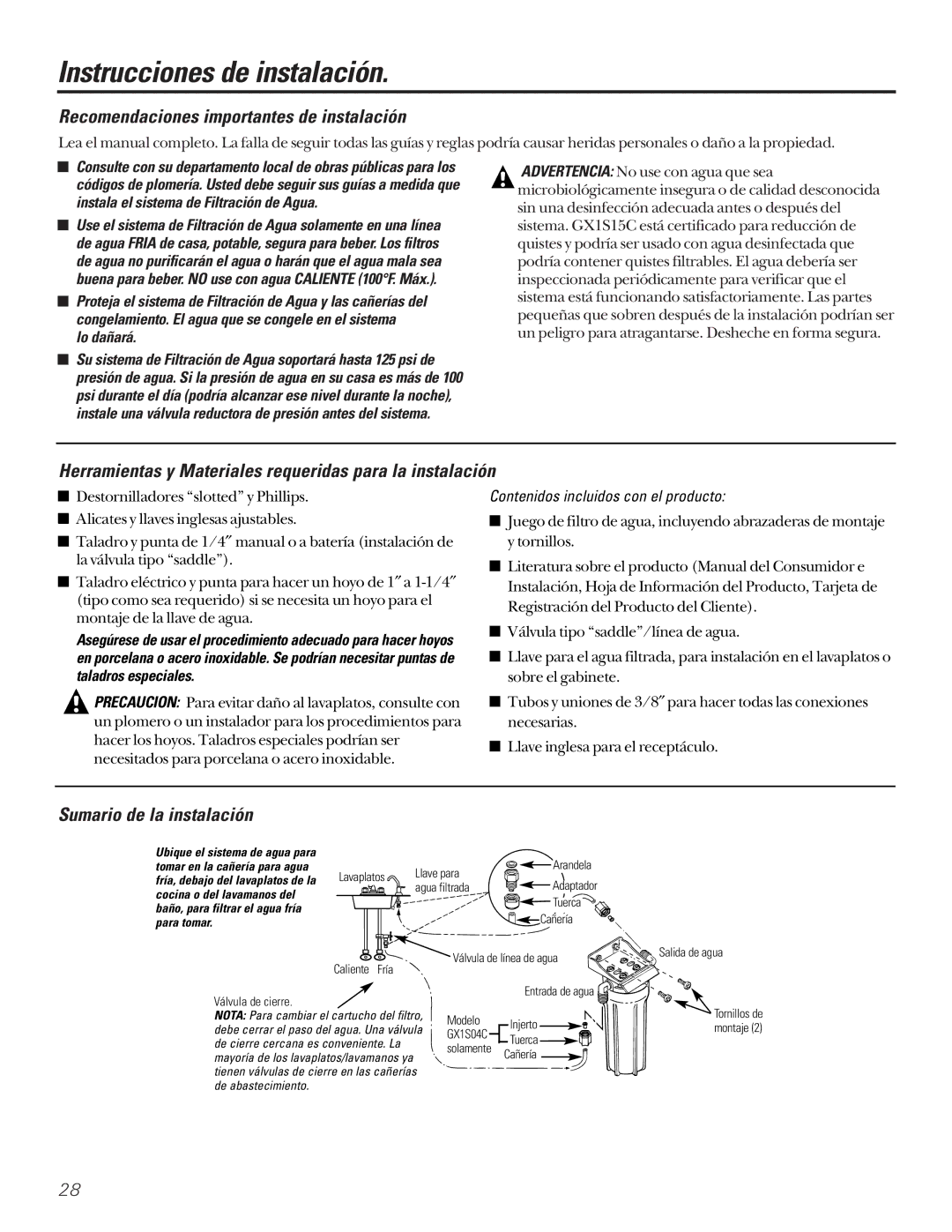 GE GX1S15C Instrucciones de instalación, Recomendaciones importantes de instalación, Sumario de la instalación, Lo dañará 