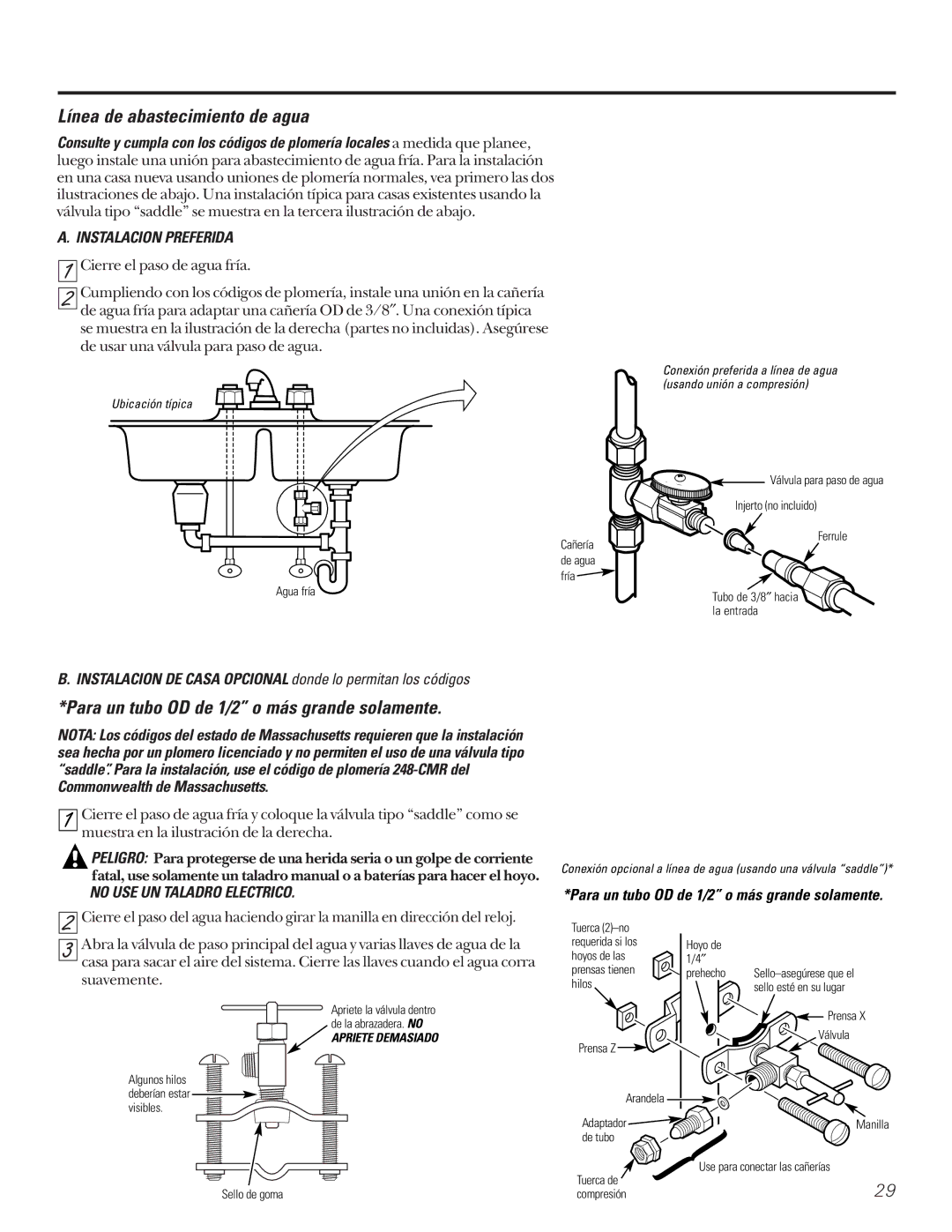 GE GN1S04C, GX1S04C, GX1S15C Línea de abastecimiento de agua, Para un tubo OD de 1/2 o más grande solamente 