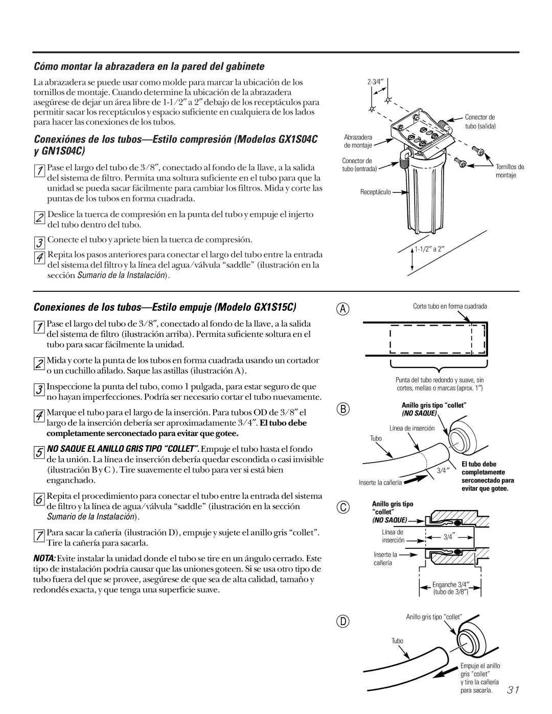 GE GX1S15C, GX1S04C installation instructions Cómo montar la abrazadera en la pared del gabinete, GN1S04C 