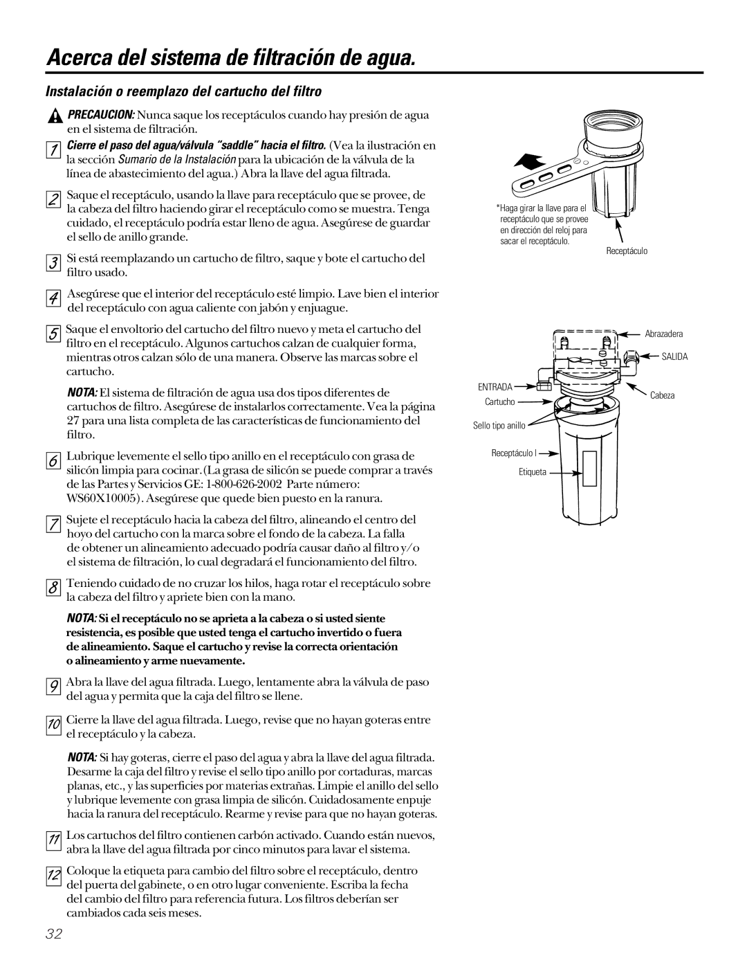 GE GN1S04C, GX1S04C, GX1S15C installation instructions Instalación o reemplazo del cartucho del filtro, Cartucho 