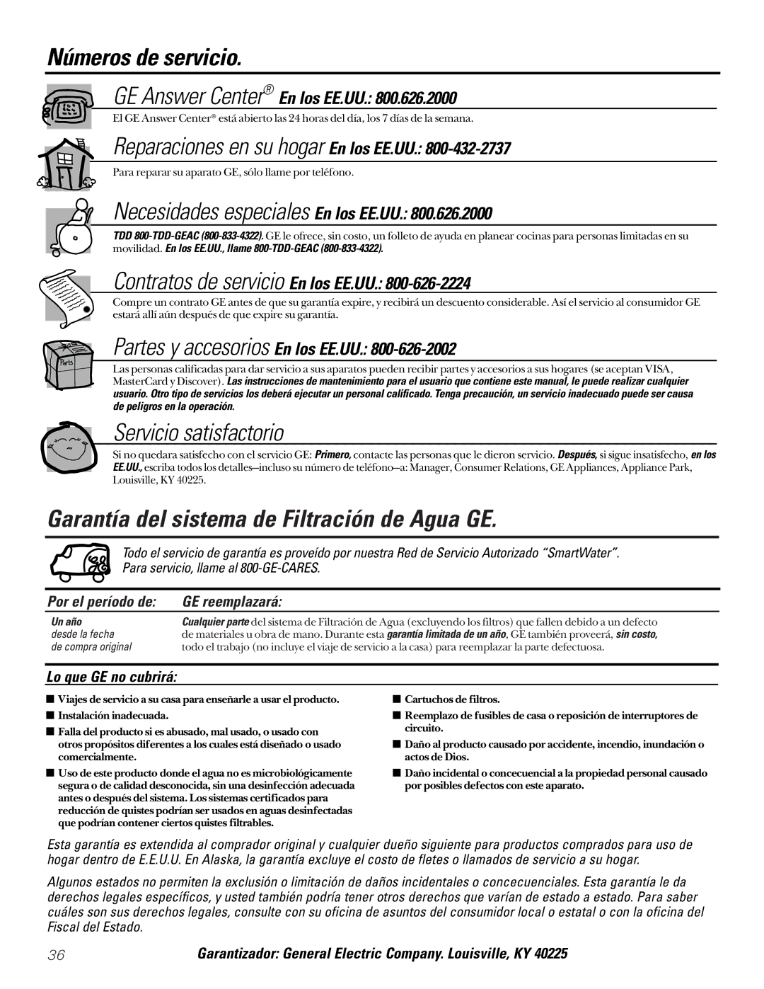 GE GX1S04C, GX1S15C Números de servicio, Garantía del sistema de Filtración de Agua GE, Por el período de GE reemplazará 