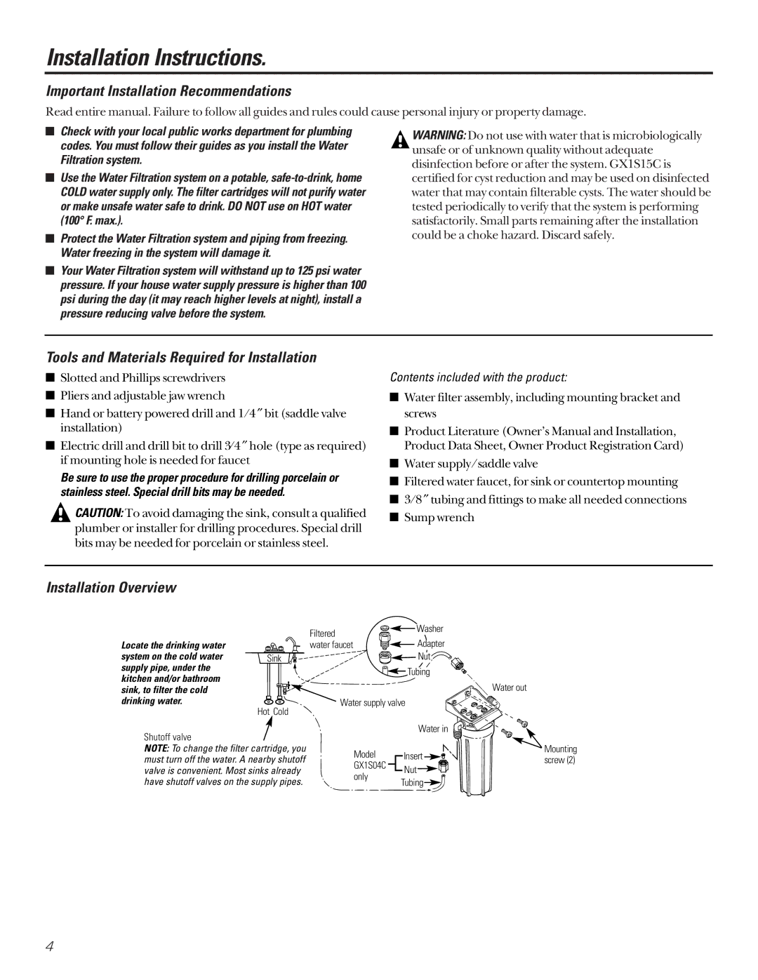 GE GX1S15C, GX1S04C, GN1S04C installation instructions Tools and Materials Required for Installation, Installation Overview 