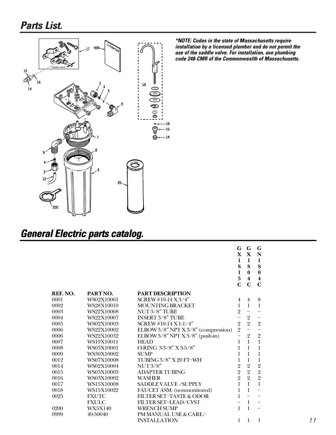 GE GN1S04C, GX1S04C, GX1S15C installation instructions Parts List, General Electric parts catalog 