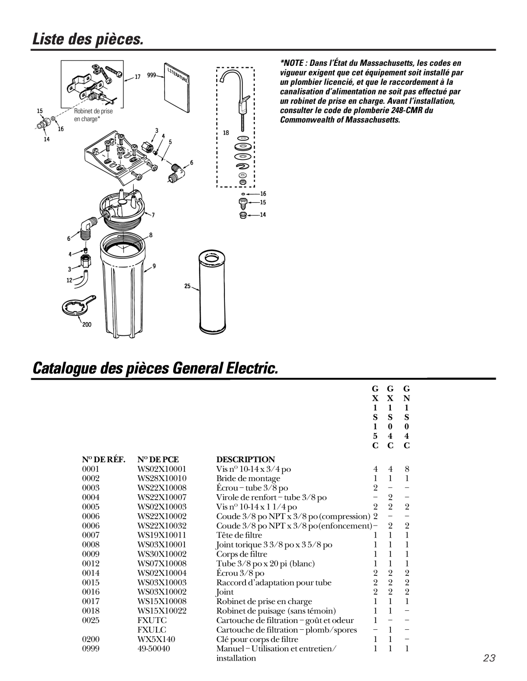 GE GN1S04C, GX1S04C, GX1S15C installation instructions Liste des pièces, Catalogue des pièces General Electric 
