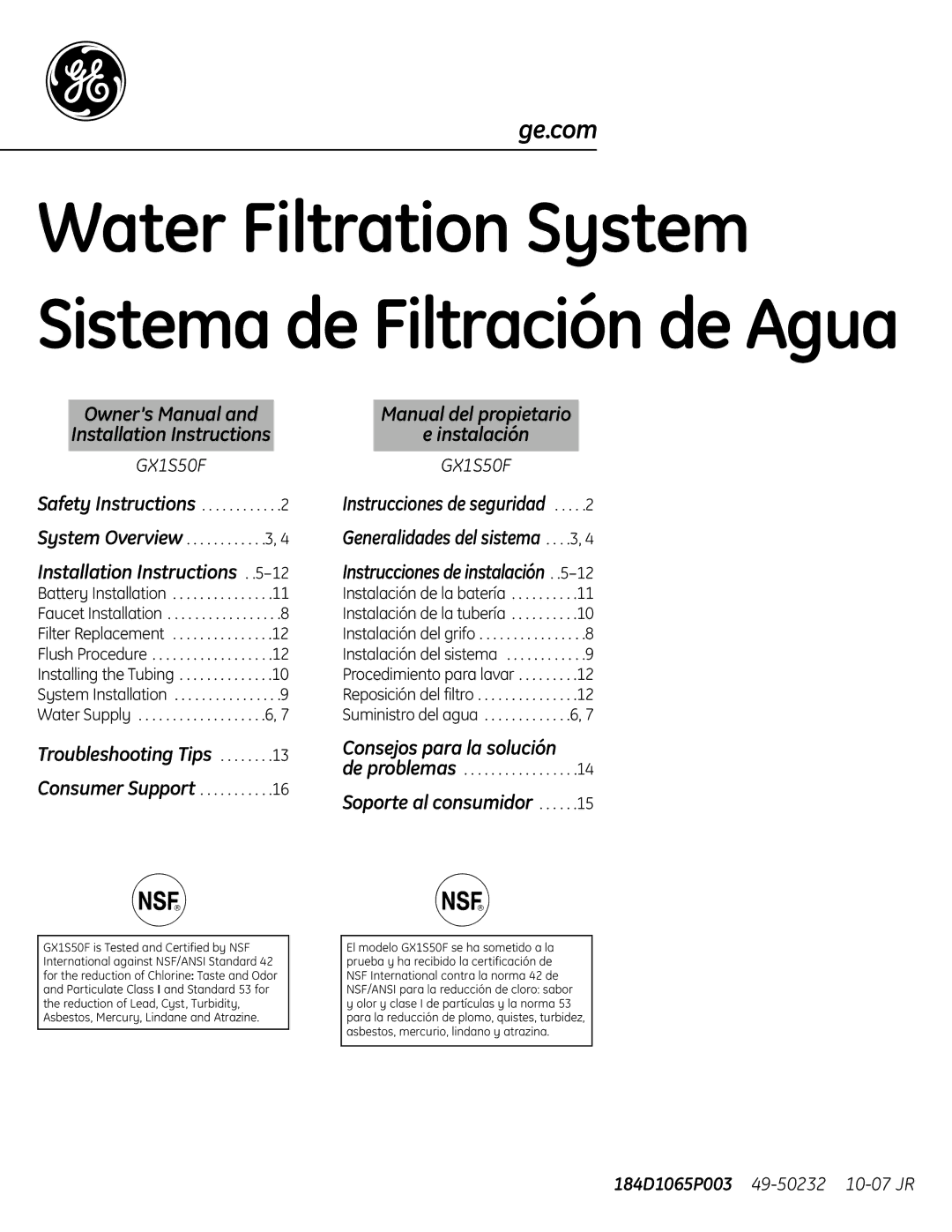 GE GX1S50F installation instructions Water Filtration System Sistema de Filtración de Agua, Manual del propietario 